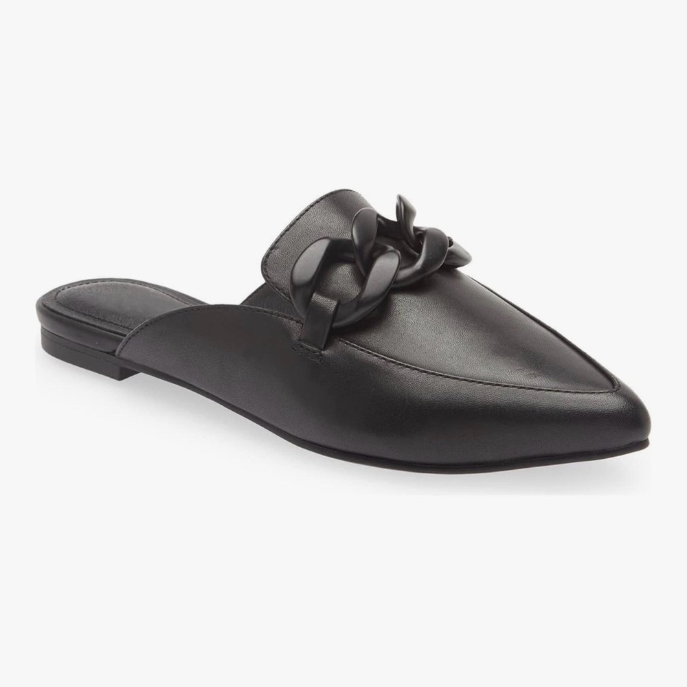 Black Chain Detail Pointed Toe Mules Slip On Flats Size 9